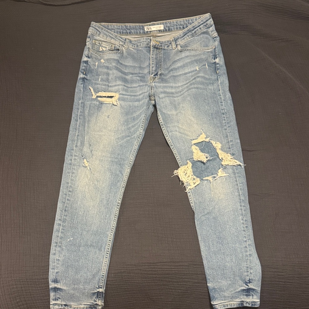 Zara Light Blue Patched Ripped Skinny Jeans size 36US